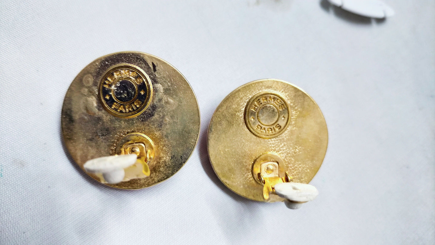 Hermès Vintage Silk Round Clip-on Earrings — Fuchsia / White / Gold