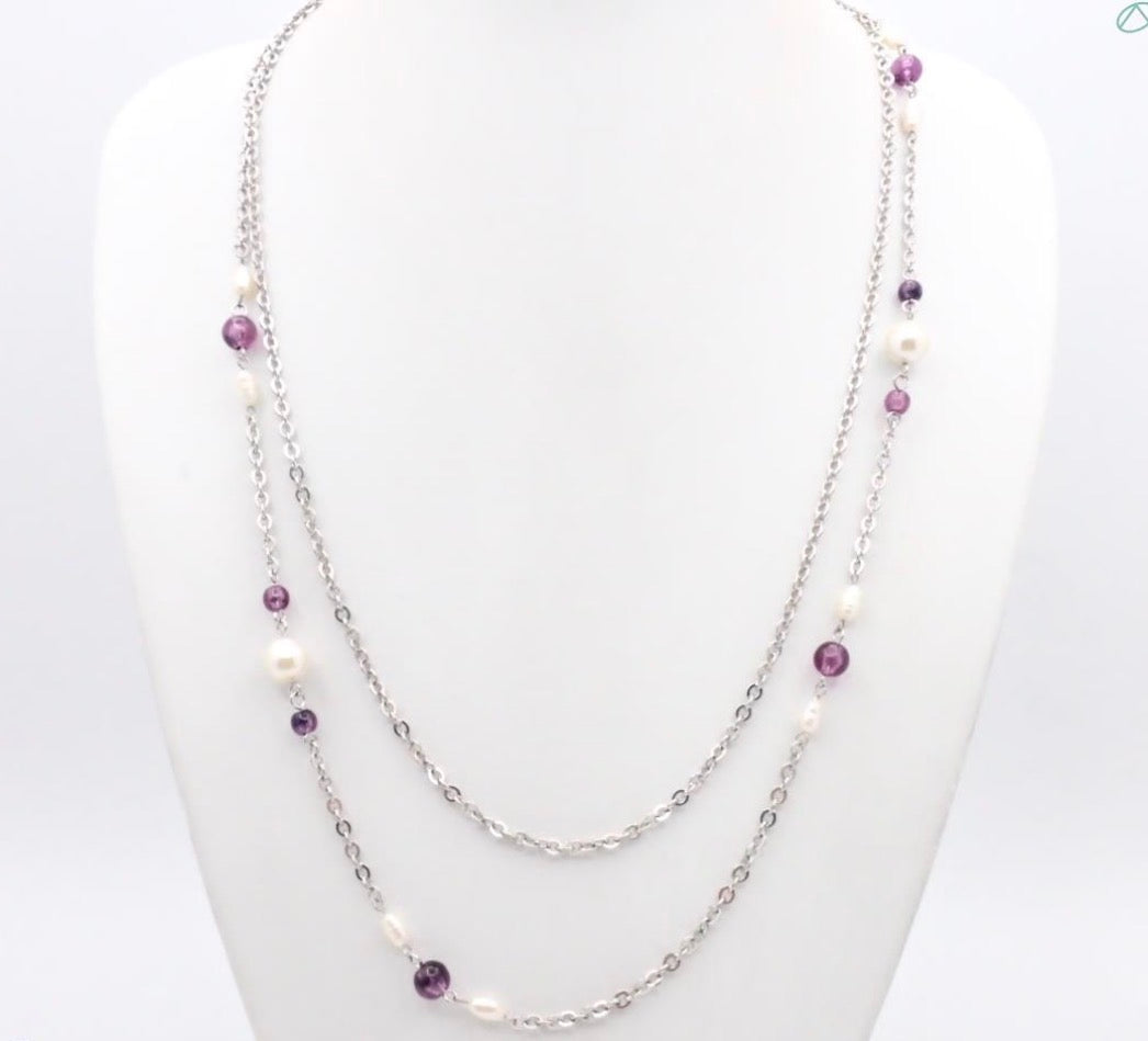 Vintage Givenchy Double Layer Pearl & Amethyst Chain Necklace