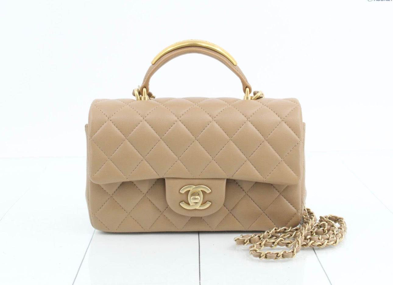 Chanel Mini Flap Bag with Top Handle — Beige / Gold Hardware