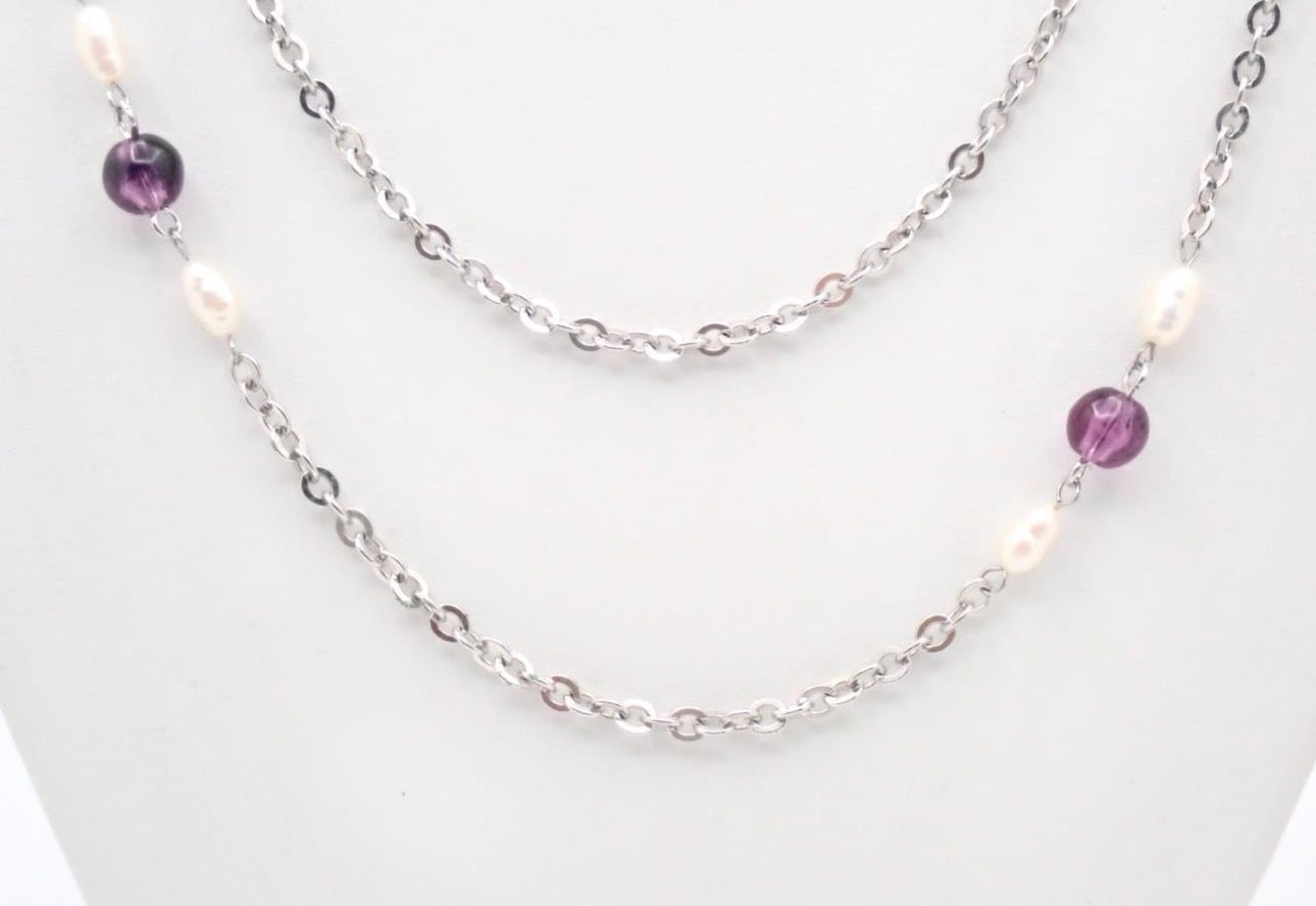 Vintage Givenchy Double Layer Pearl & Amethyst Chain Necklace