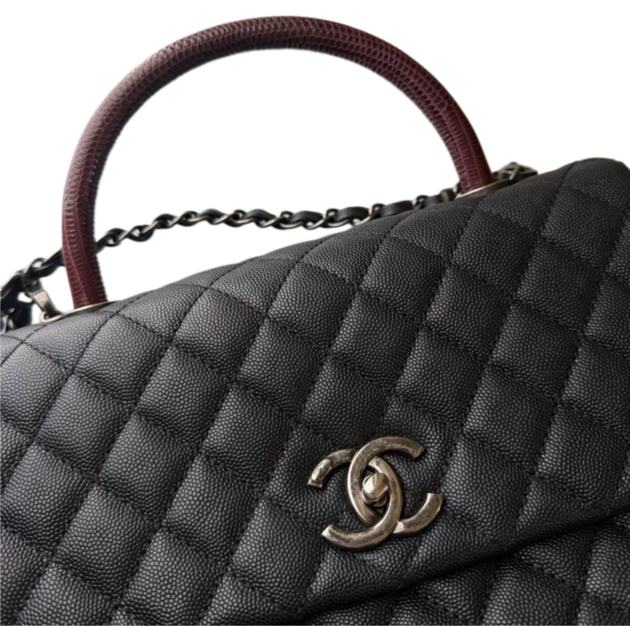 Chanel Coco Handle Bag Medium — Black Caviar / Bordeaux Lizard Handle / Ruthenium Hardware