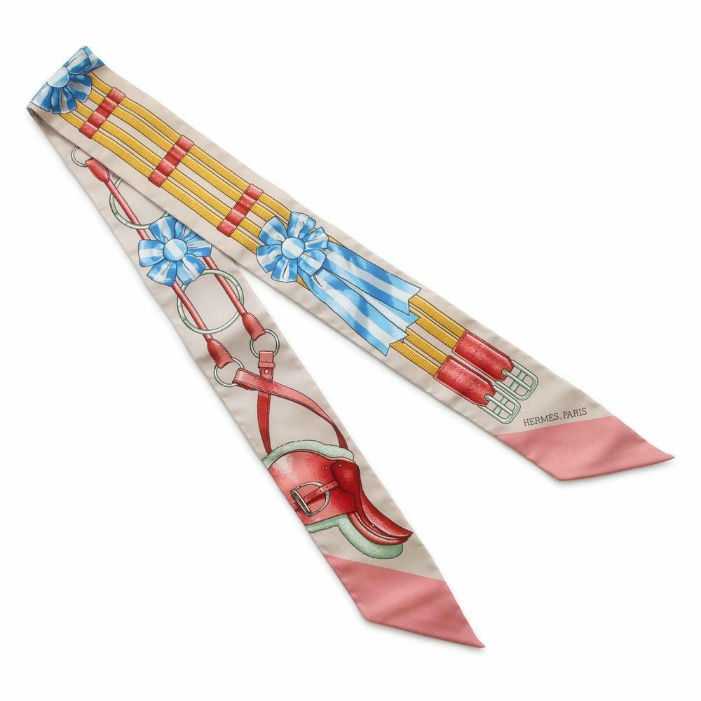 Hermès Twilly — "Jumping" / Beige & Pink / 100% Silk (Full Set)