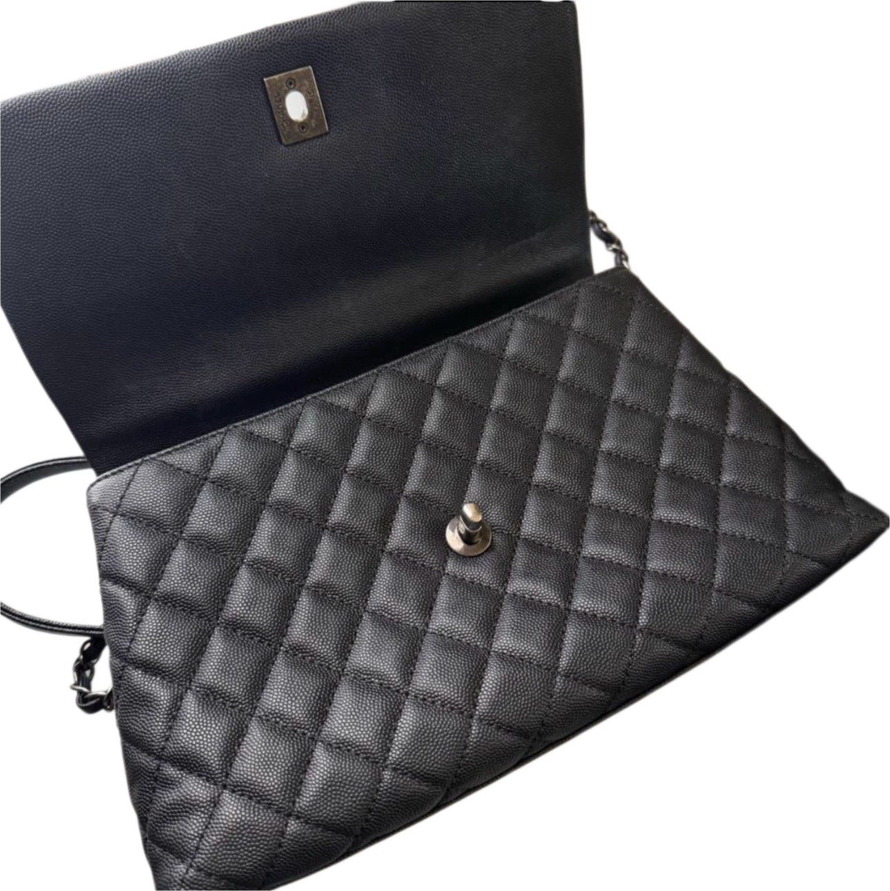 Chanel Coco Handle Bag Medium — Black Caviar / Bordeaux Lizard Handle / Ruthenium Hardware