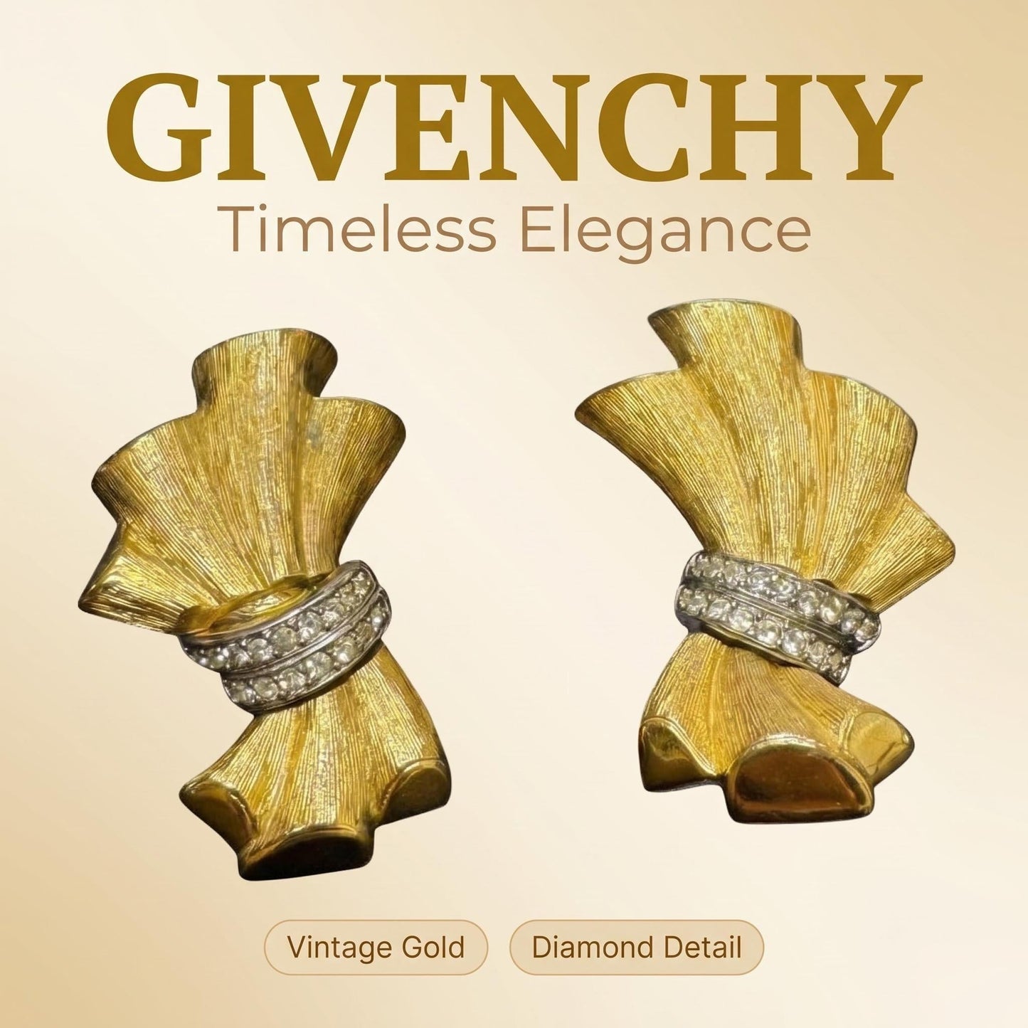 Vintage Givenchy Gold Bow Crystal Clip Earrings