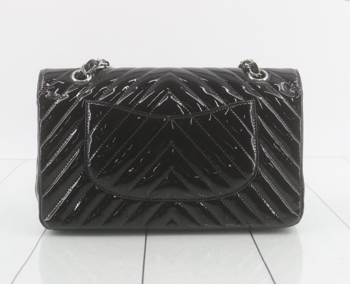 Chanel Chevron Matelassé Classic Flap Bag — Black Patent Leather / Silver Hardware