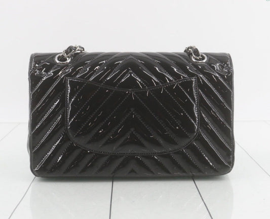 Chanel Chevron Matelassé Classic Flap Bag — Black Patent Leather / Silver Hardware