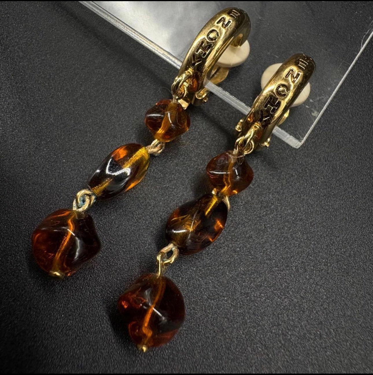 Vintage Givenchy Amber Glass Bead Long Drop Clip Earrings