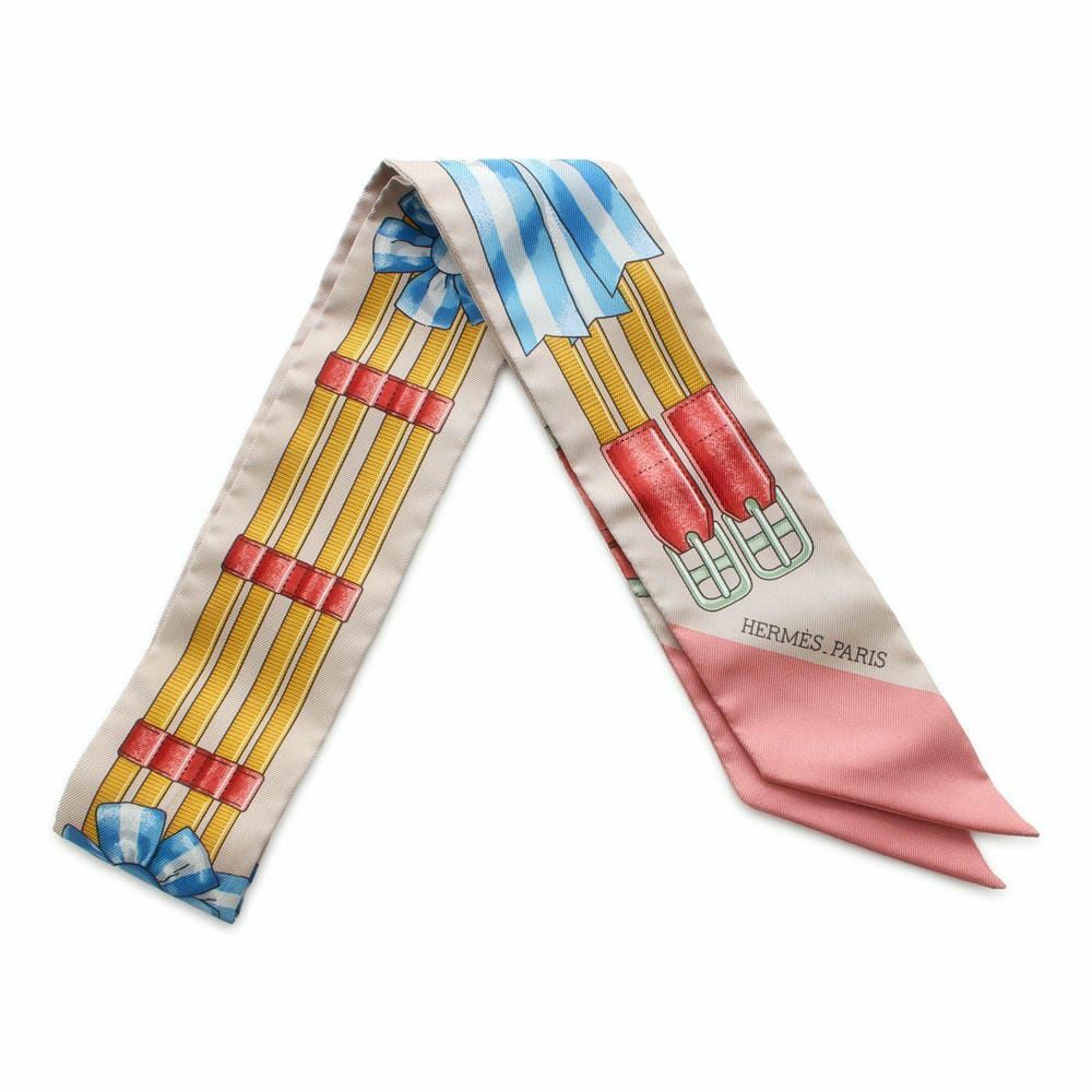 Hermès Twilly — "Jumping" / Beige & Pink / 100% Silk (Full Set)
