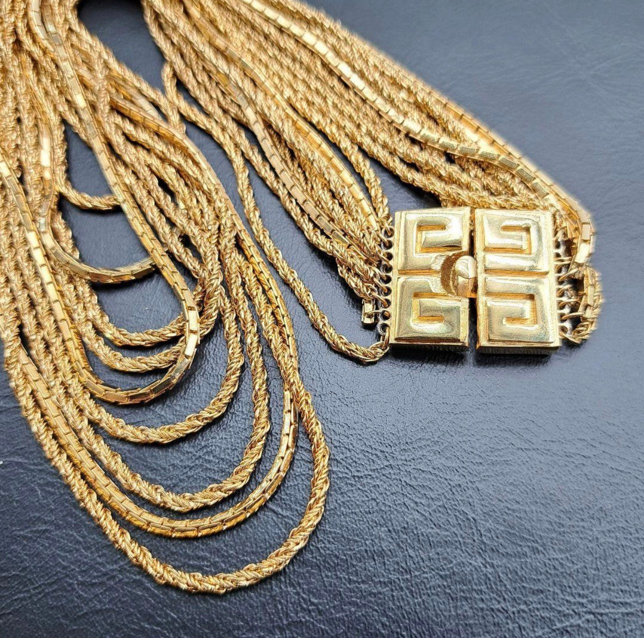 Vintage Givenchy Multi-Chain Gold Necklace with Greek Key Clasp