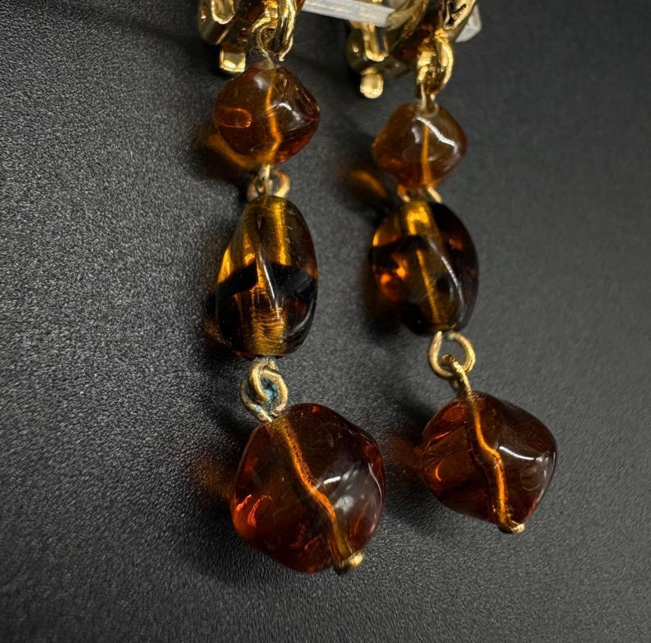 Vintage Givenchy Amber Glass Bead Long Drop Clip Earrings