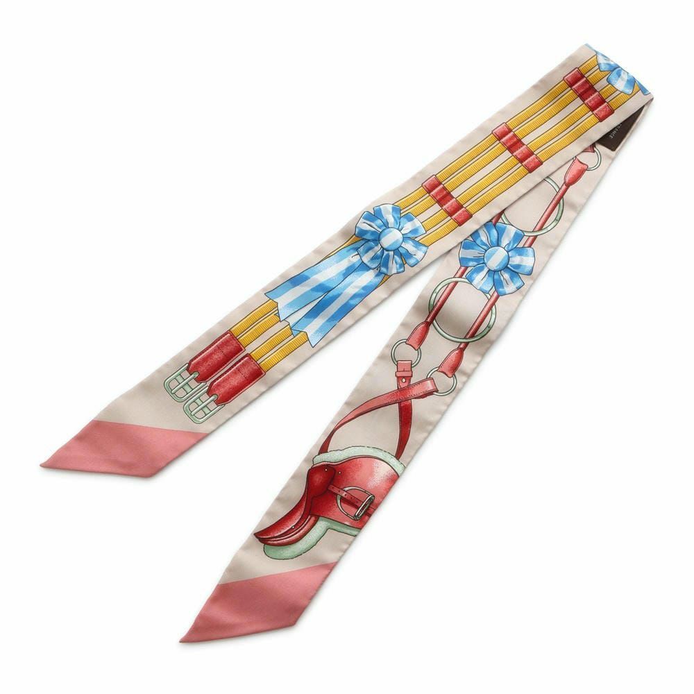 Hermès Twilly — "Jumping" / Beige & Pink / 100% Silk (Full Set)