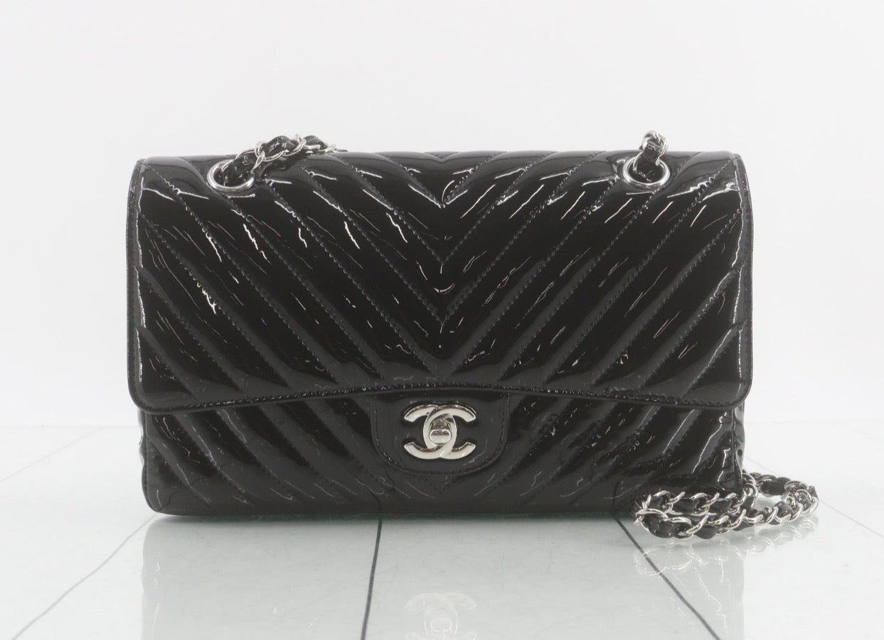 Chanel Chevron Matelassé Classic Flap Bag — Black Patent Leather / Silver Hardware