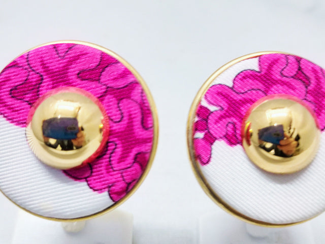 Hermès Vintage Silk Round Clip-on Earrings — Fuchsia / White / Gold