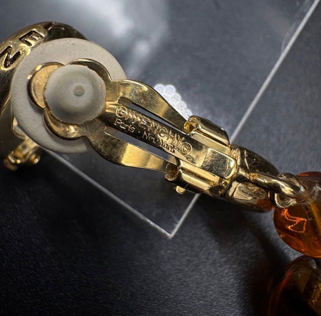 Vintage Givenchy Amber Glass Bead Long Drop Clip Earrings