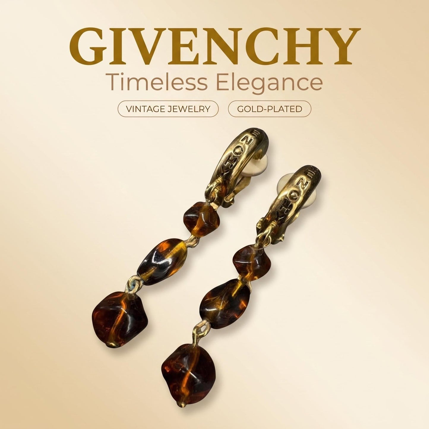 Vintage Givenchy Amber Glass Bead Long Drop Clip Earrings