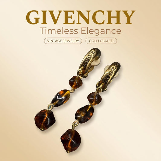 Vintage Givenchy Amber Glass Bead Long Drop Clip Earrings