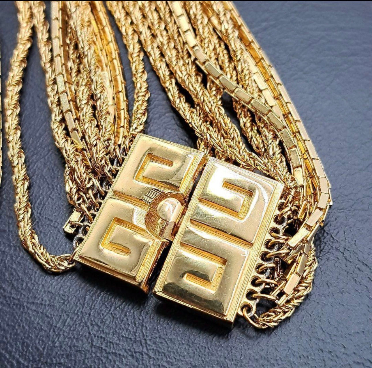 Vintage Givenchy Multi-Chain Gold Necklace with Greek Key Clasp