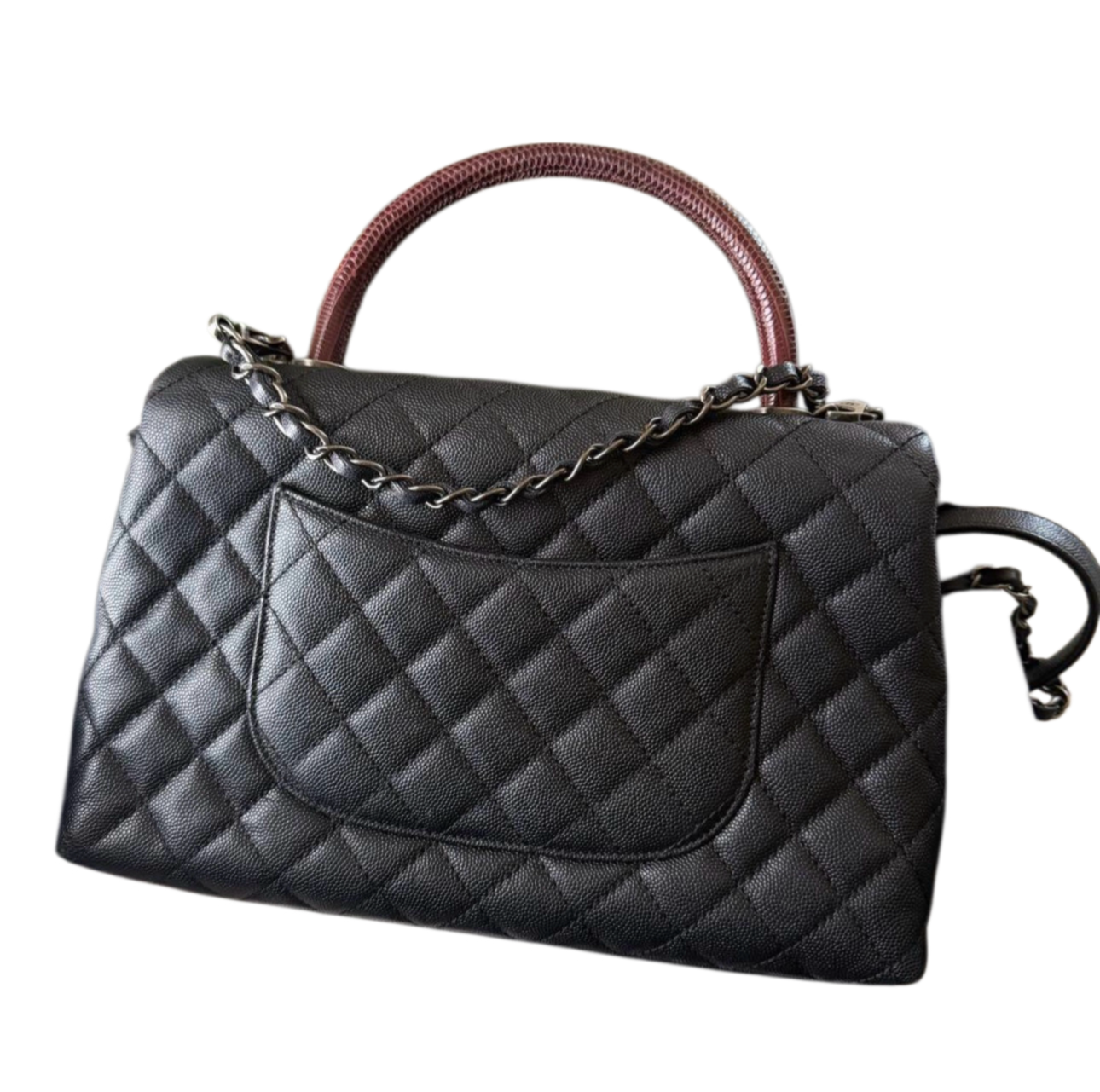 Chanel Coco Handle Bag Medium — Black Caviar / Bordeaux Lizard Handle / Ruthenium Hardware