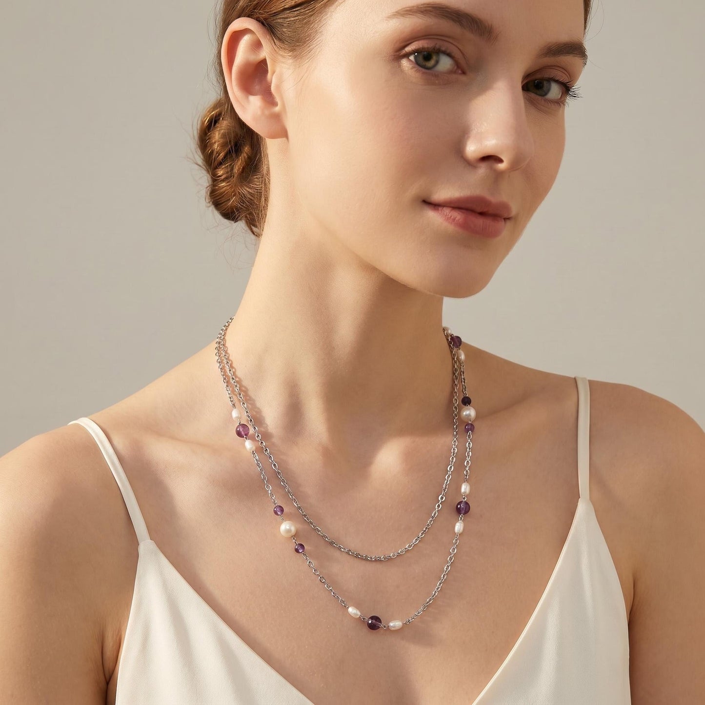 Vintage Givenchy Double Layer Pearl & Amethyst Chain Necklace
