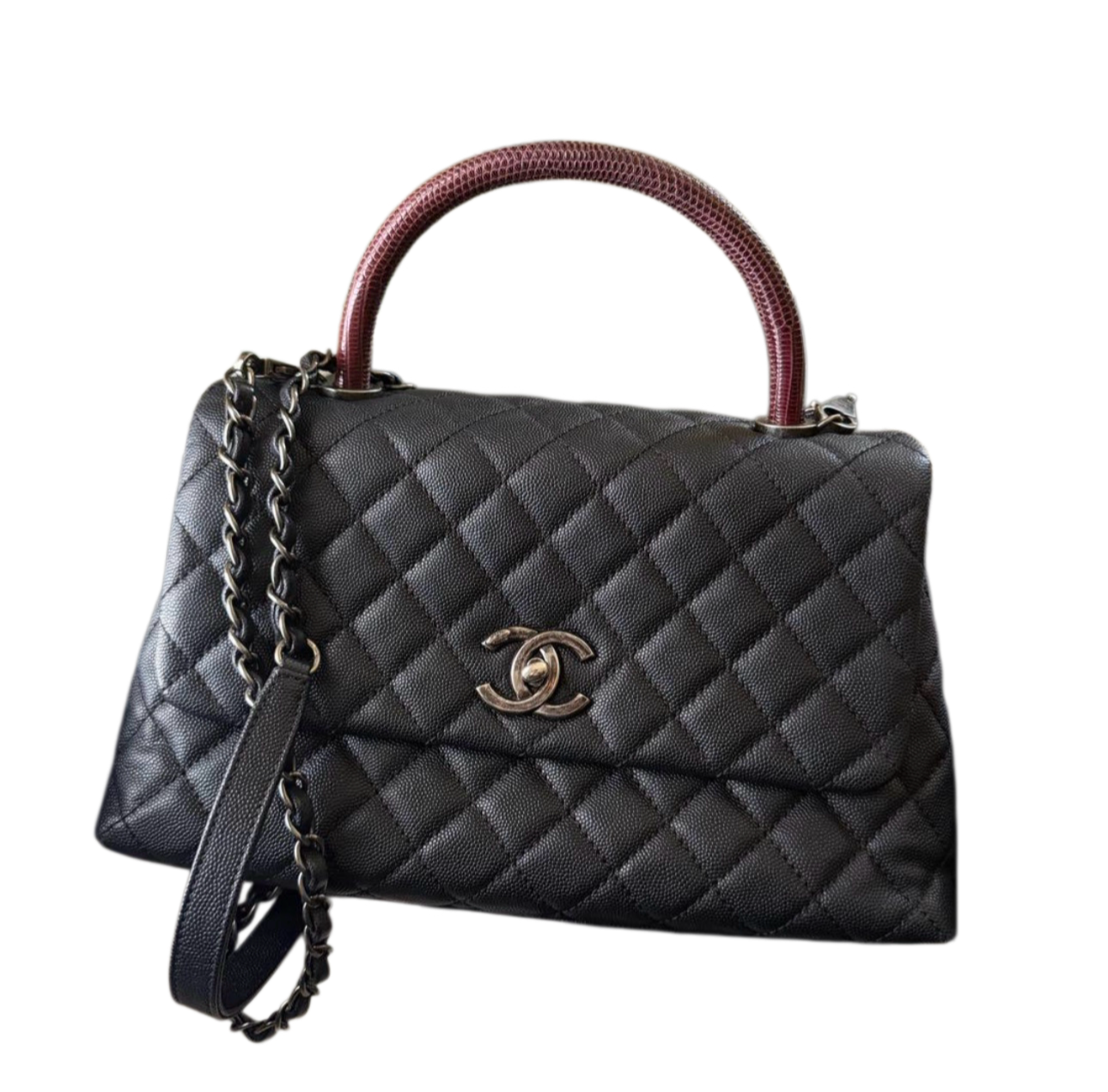 Chanel Coco Handle Bag Medium — Black Caviar / Bordeaux Lizard Handle / Ruthenium Hardware