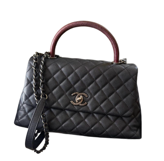 Chanel Coco Handle Bag Medium — Black Caviar / Bordeaux Lizard Handle / Ruthenium Hardware