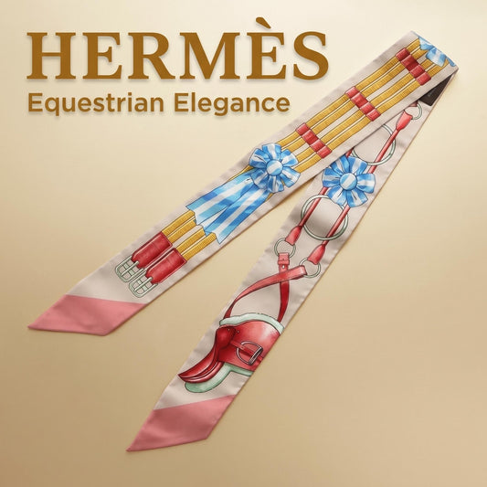 Hermès Twilly — "Jumping" / Beige & Pink / 100% Silk (Full Set)
