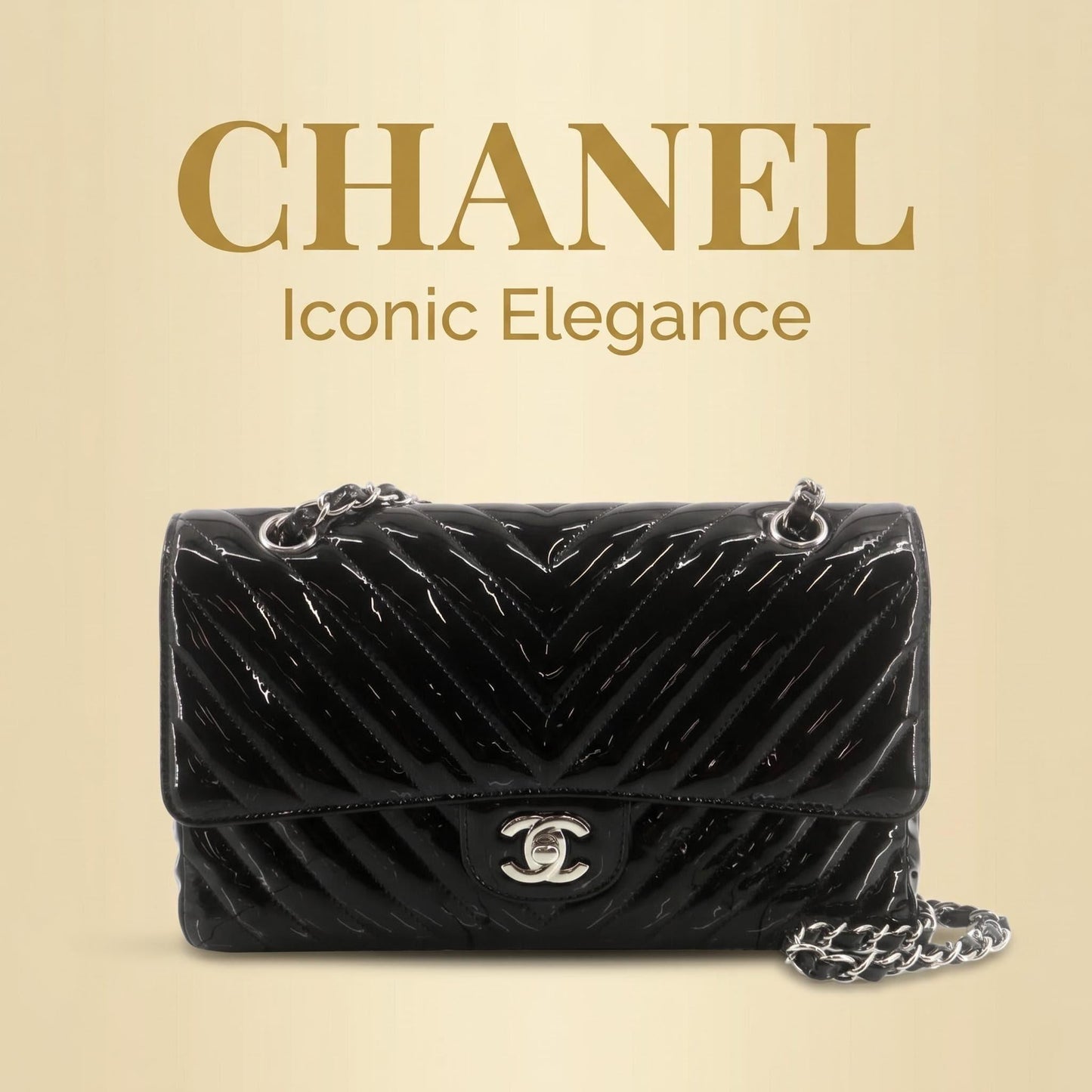 Chanel Chevron Matelassé Classic Flap Bag — Black Patent Leather / Silver Hardware