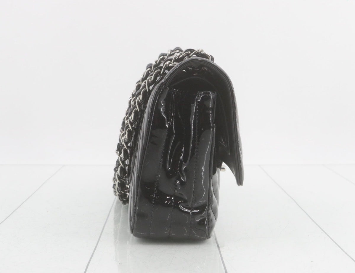 Chanel Chevron Matelassé Classic Flap Bag — Black Patent Leather / Silver Hardware