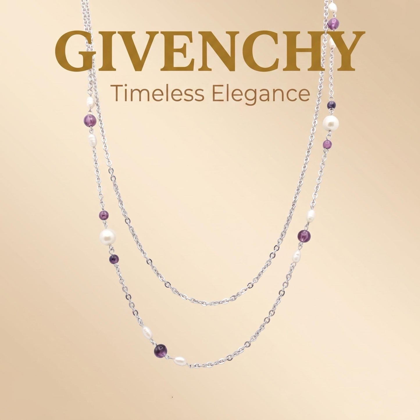 Vintage Givenchy Double Layer Pearl & Amethyst Chain Necklace
