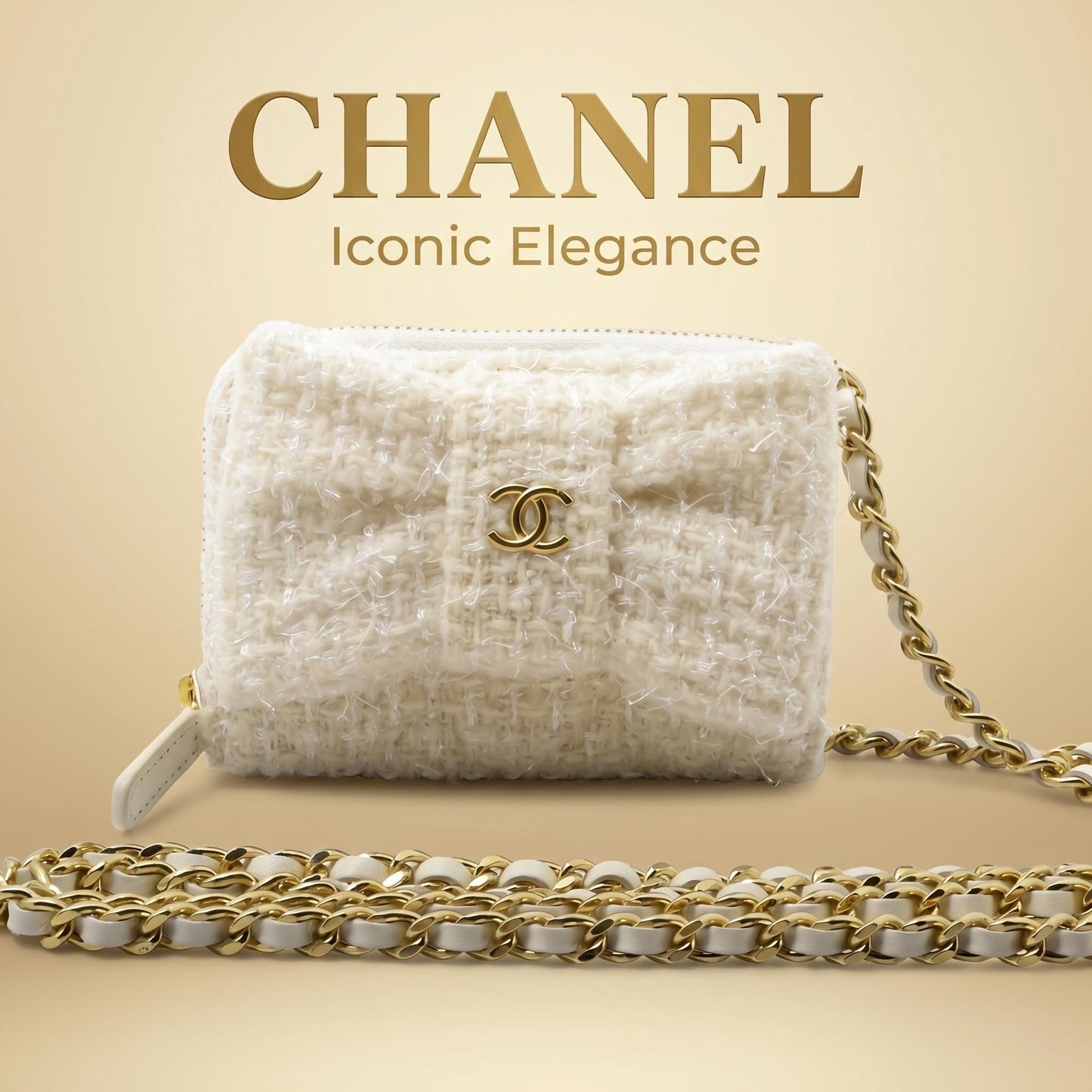 Chanel Matelassé Tweed Ribbon Shoulder Bag — White / Gold Hardware