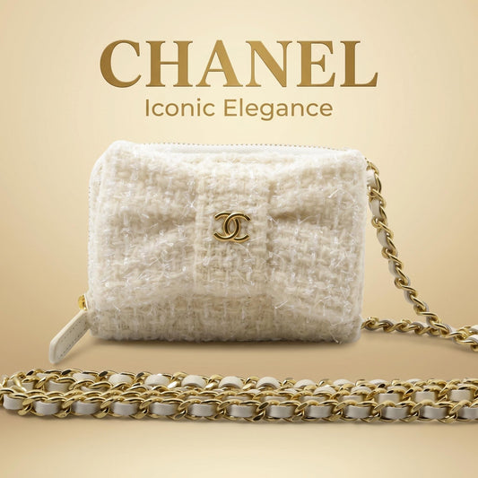 Chanel Matelassé Tweed Ribbon Shoulder Bag — White / Gold Hardware