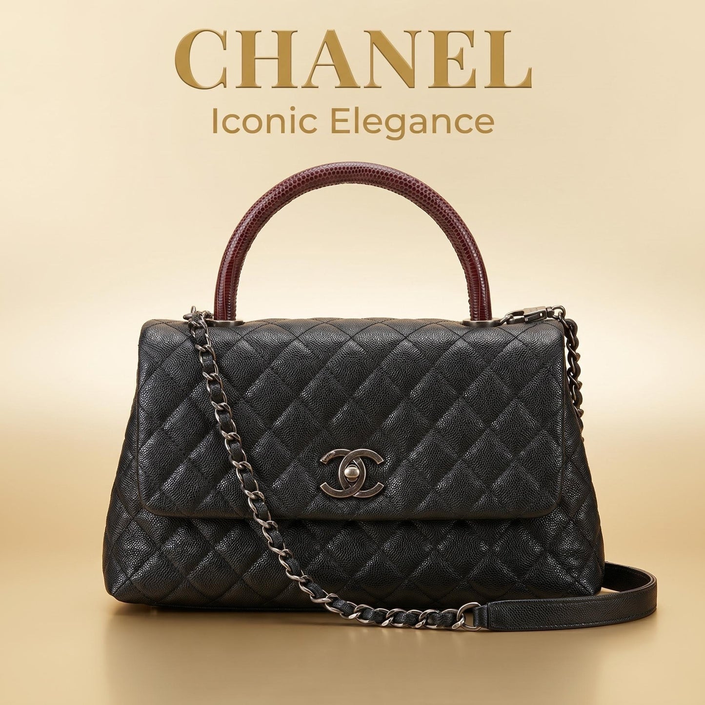 Chanel Coco Handle Bag Medium — Black Caviar / Bordeaux Lizard Handle / Ruthenium Hardware