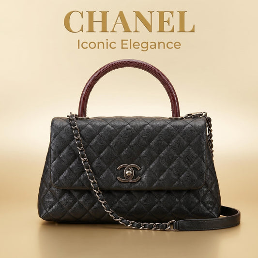 Chanel Coco Handle Bag Medium — Black Caviar / Bordeaux Lizard Handle / Ruthenium Hardware