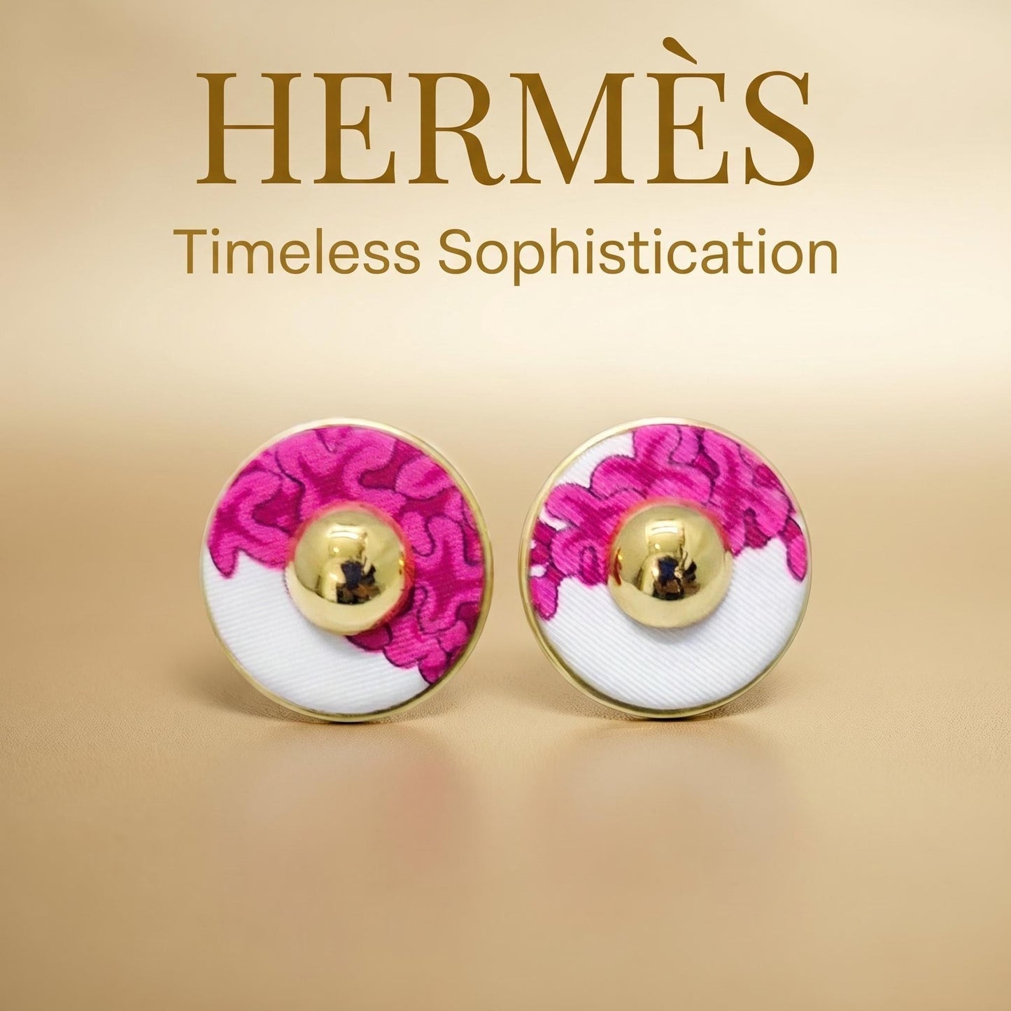 Hermès Vintage Silk Round Clip-on Earrings — Fuchsia / White / Gold