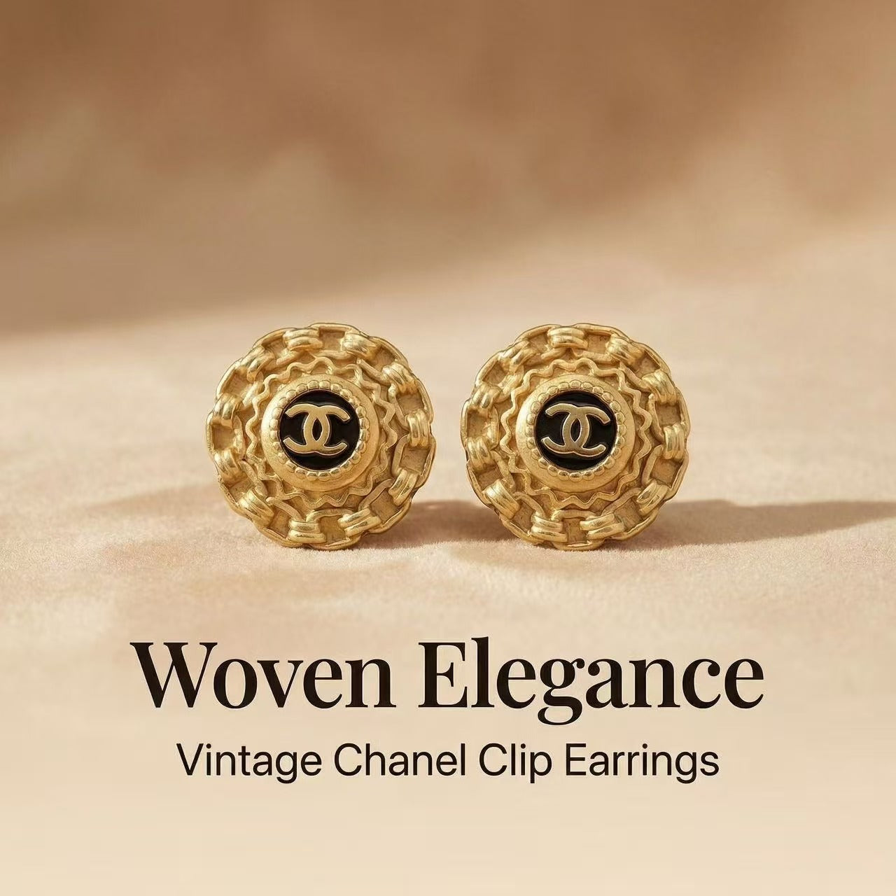 Woven Texture Round Black Enamel CC Clip Earrings