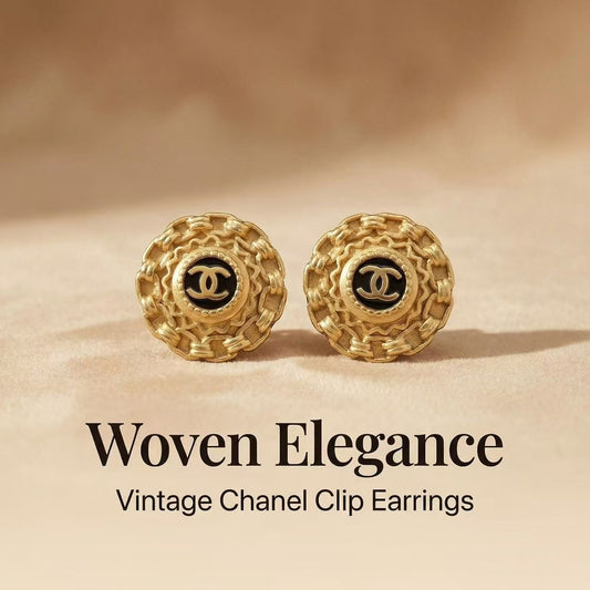 Woven Texture Round Black Enamel CC Clip Earrings