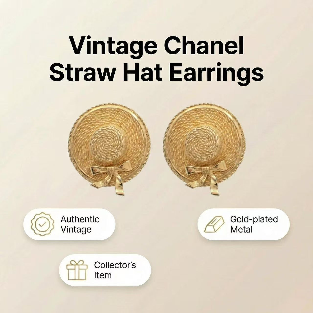 Vintage Chanel Classic Rare Straw Hat Clip Earrings
