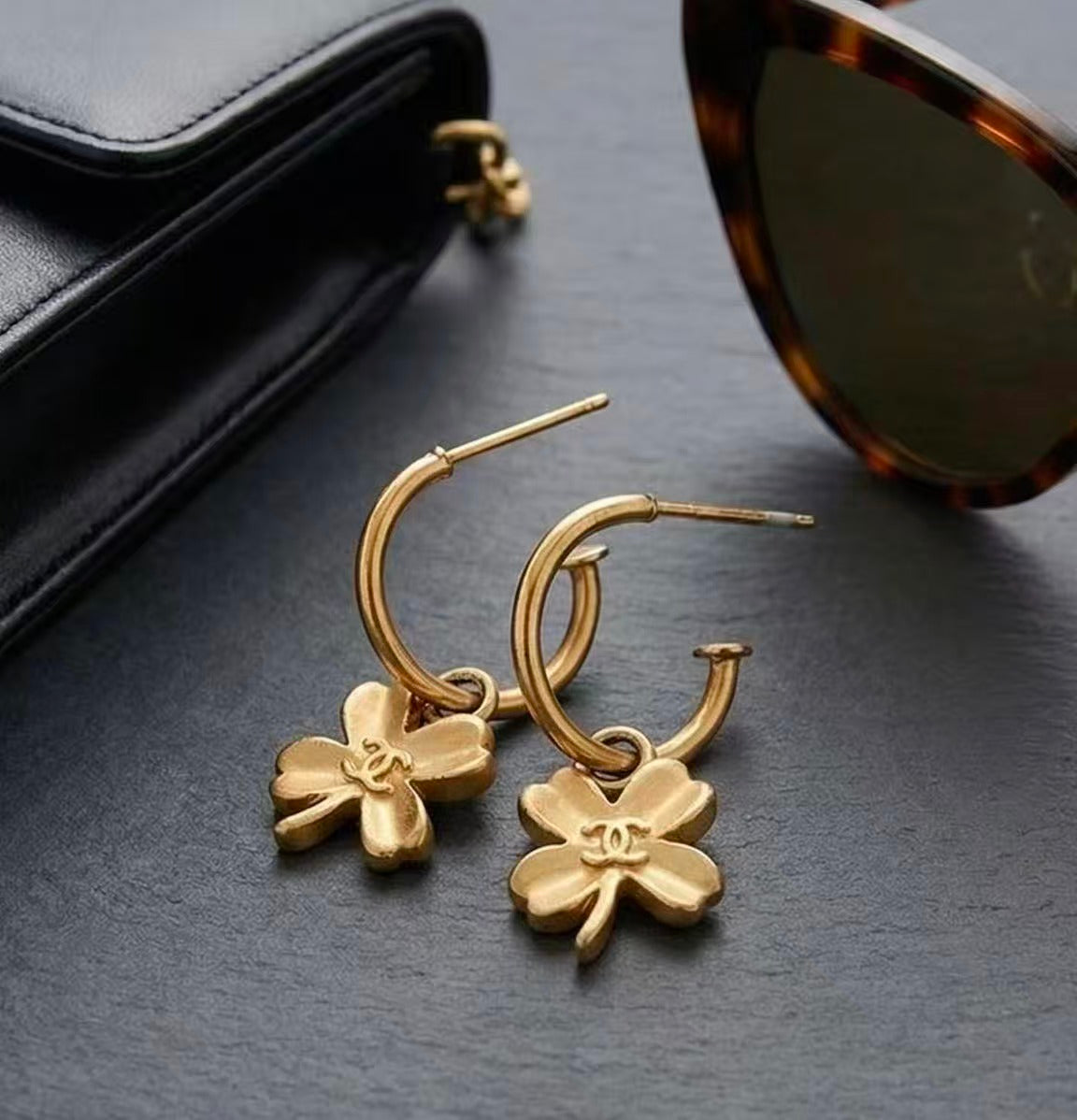 Vintage Chanel Clover CC Logo Hoop Earrings 05P
