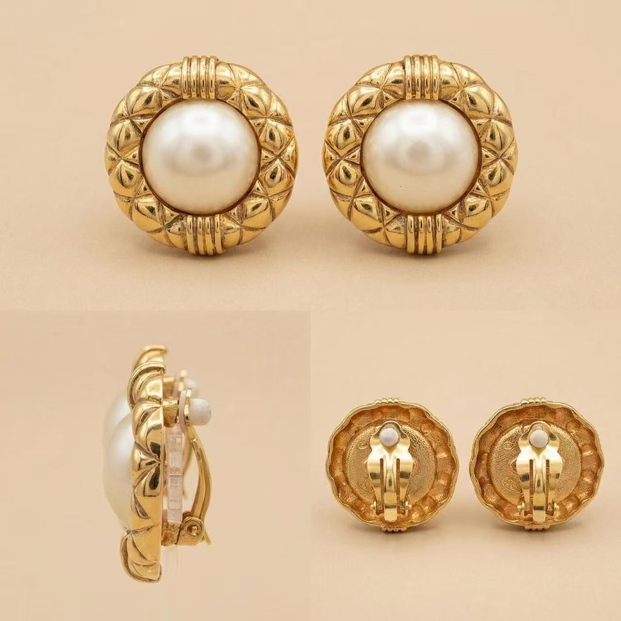 Vintage Chanel Pearl Center Quilted Border Clip Earrings 03B