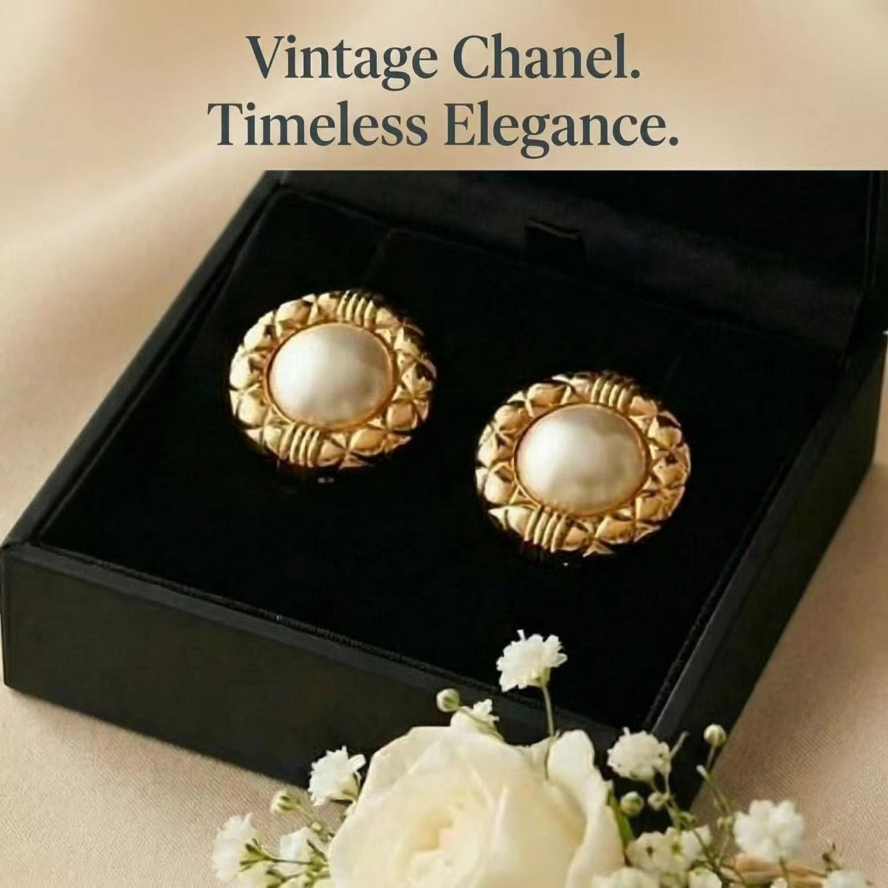 Vintage Chanel Pearl Center Quilted Border Clip Earrings 03B