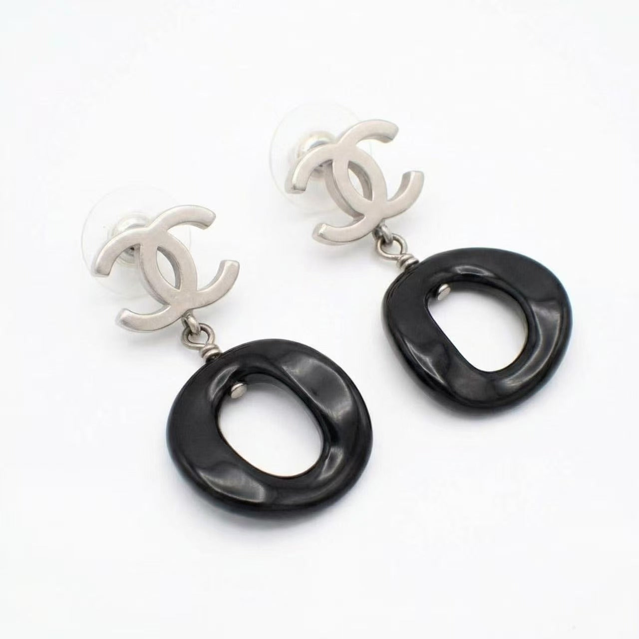 Vintage Chanel Silver CC Logo Drop Earrings Black Ring Pendant