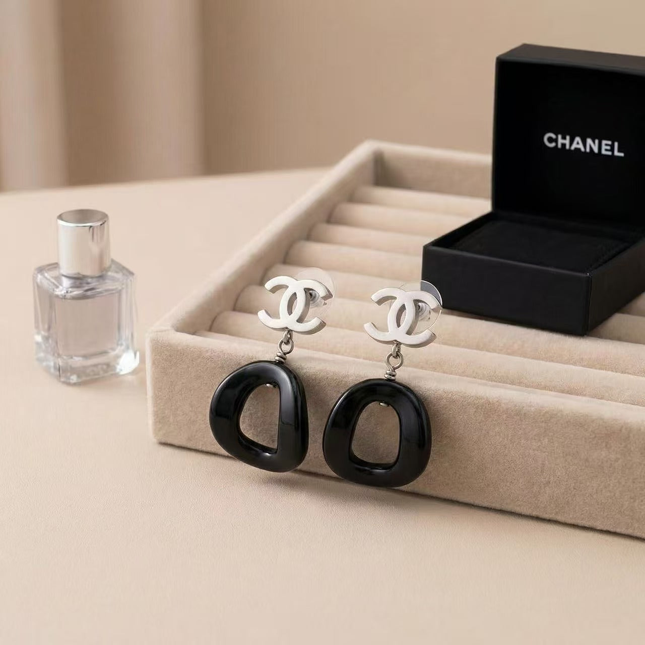 Vintage Chanel Silver CC Logo Drop Earrings Black Ring Pendant