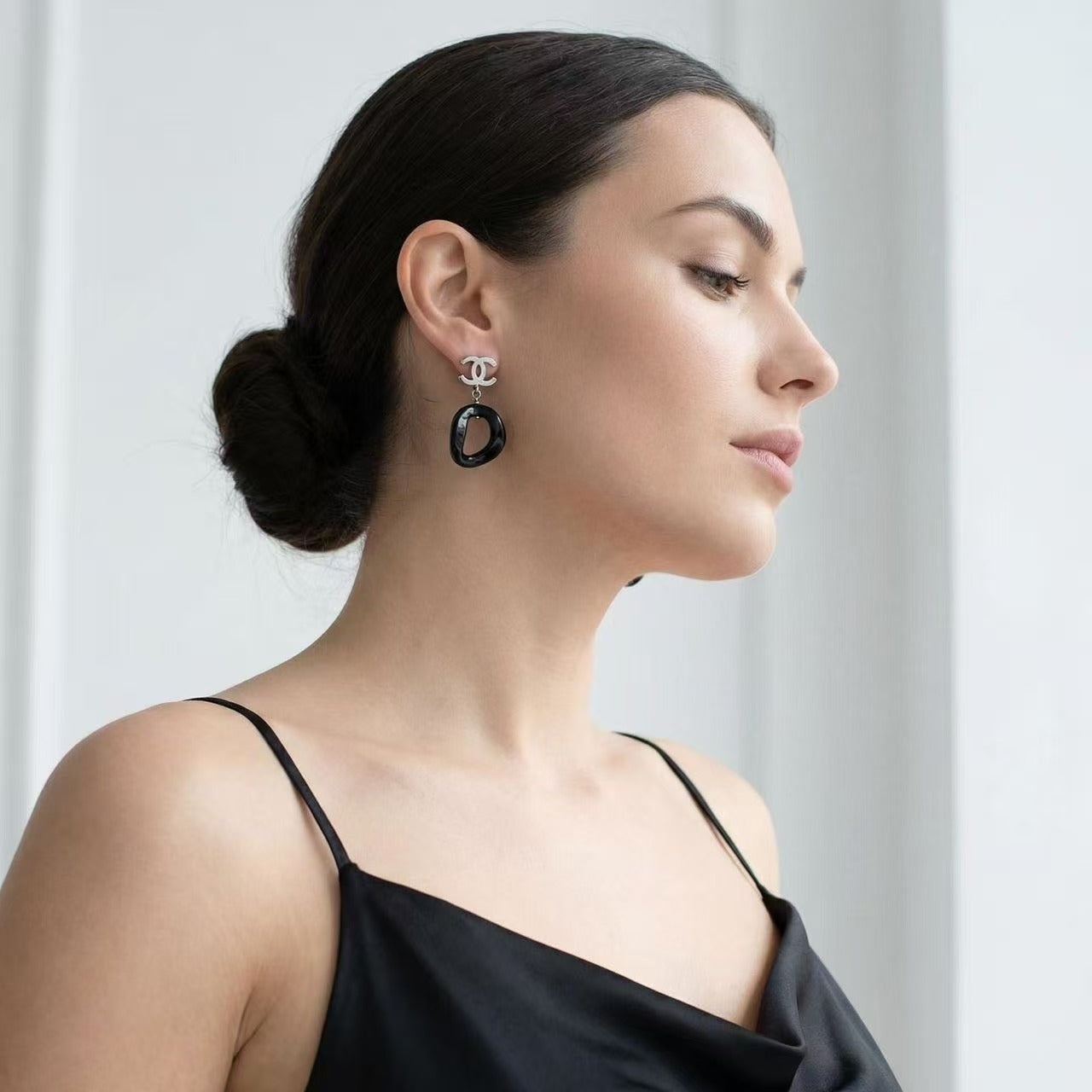 Vintage Chanel Silver CC Logo Drop Earrings Black Ring Pendant