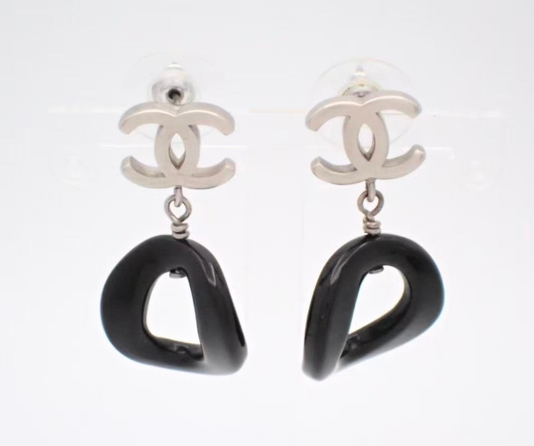 Vintage Chanel Silver CC Logo Drop Earrings Black Ring Pendant