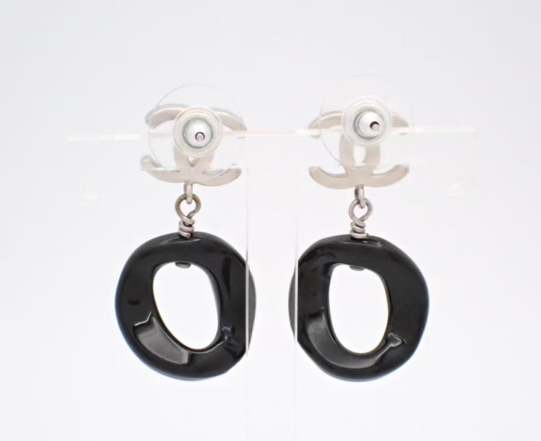 Vintage Chanel Silver CC Logo Drop Earrings Black Ring Pendant