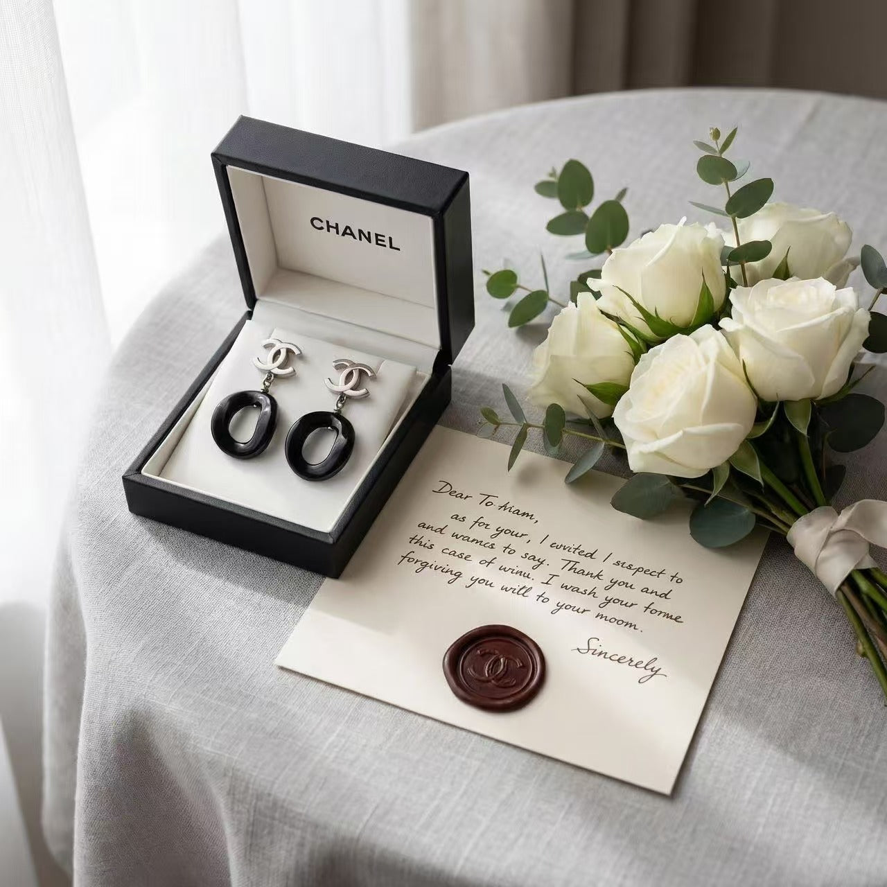 Vintage Chanel Silver CC Logo Drop Earrings Black Ring Pendant