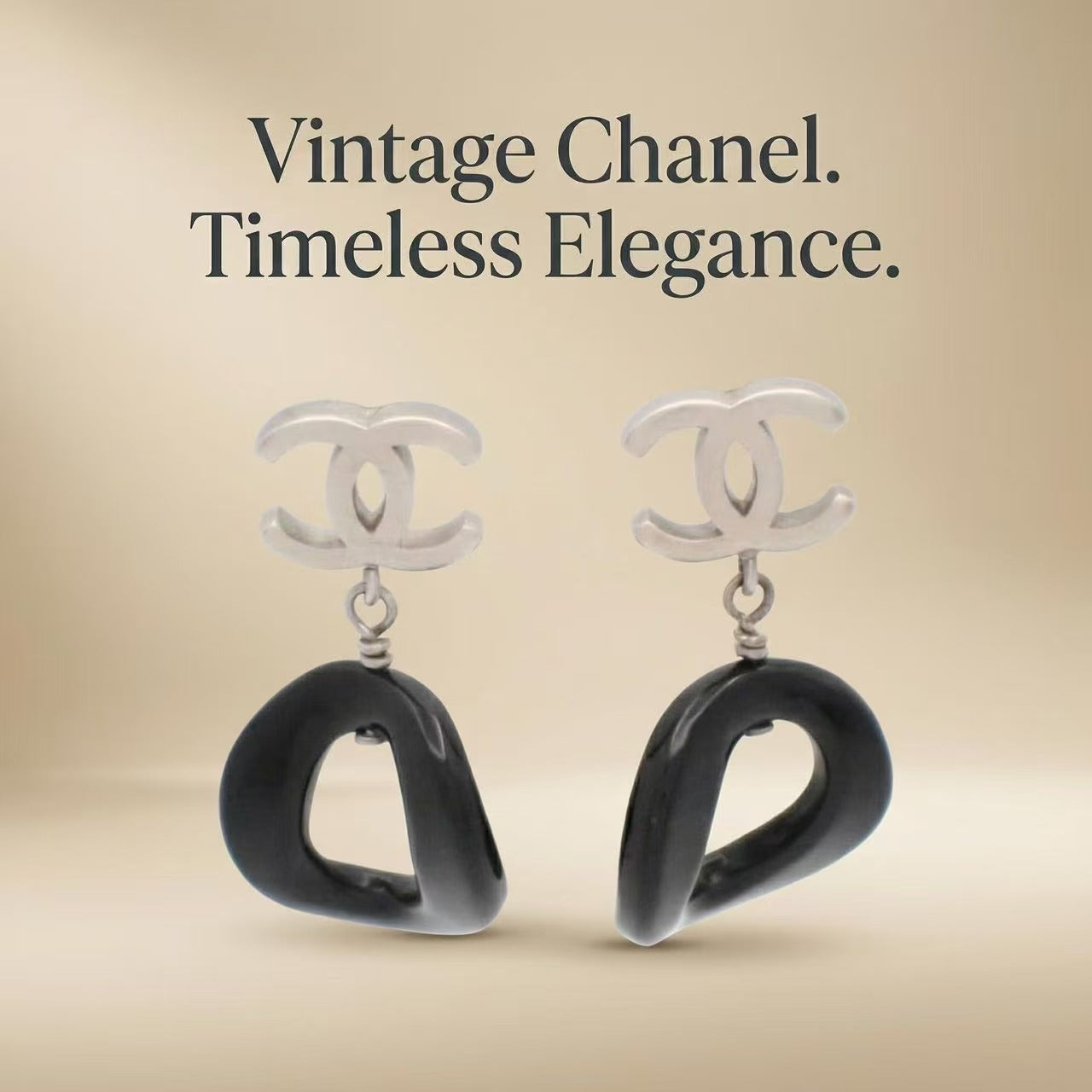 Vintage Chanel Silver CC Logo Drop Earrings Black Ring Pendant