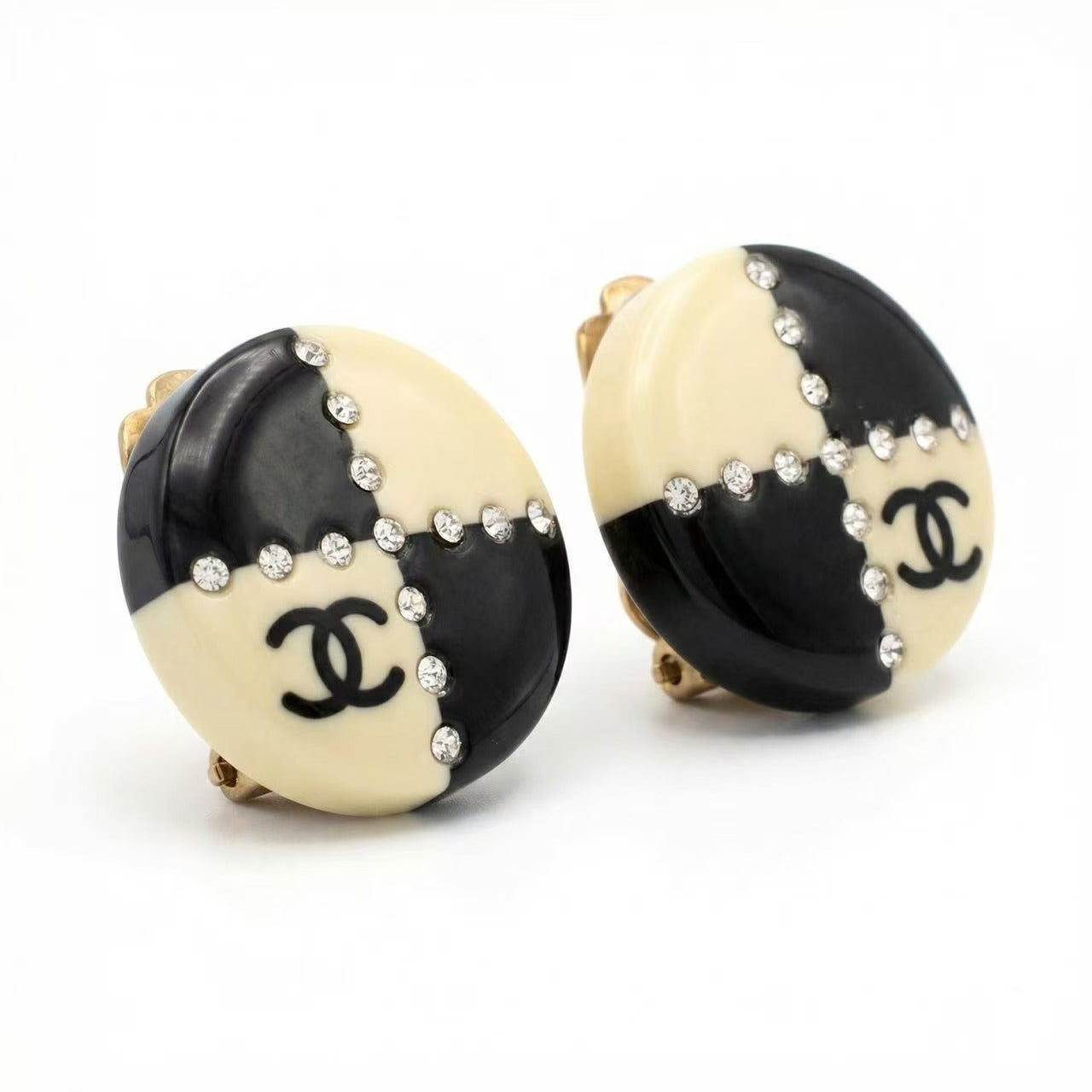 Vintage Chanel Black White Enamel Crystal CC Earrings 02A