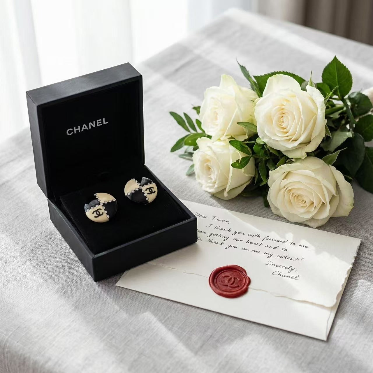 Vintage Chanel Black White Enamel Crystal CC Earrings 02A