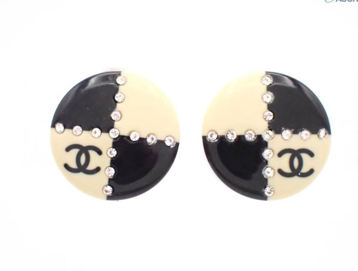 Vintage Chanel Black White Enamel Crystal CC Earrings 02A